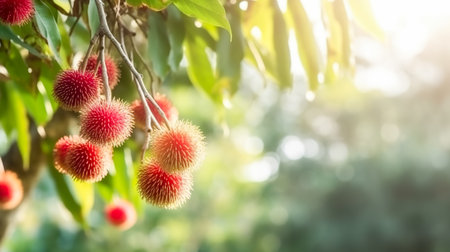 rambutan fruit on tree Thai fruit that tastes sweet and delicious when ripe, red. Generative AIの素材