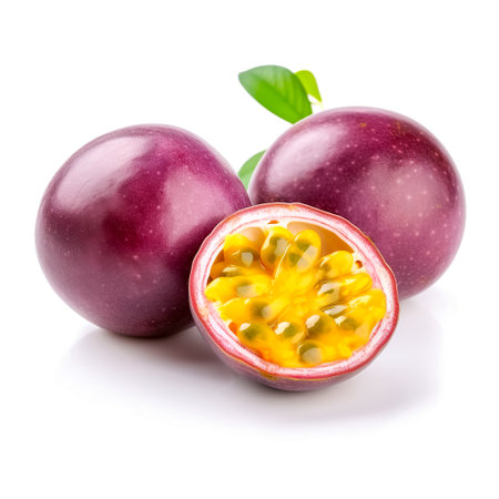 Passion fruit isolated. Whole passionfruit and a half of maracuya isolated on white background. Generative AIの素材