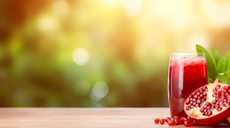 Pomegranate juice with fresh fruits on wooden table with pomegranate plant background. Generative AIの素材