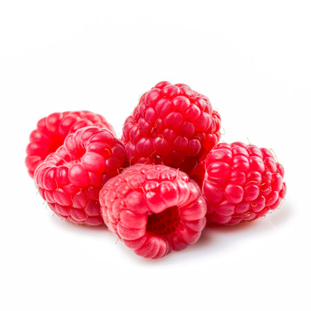 Isolated berries. Bunch of raspberry fruits with leaves isolated on white background. Generative AIの素材
