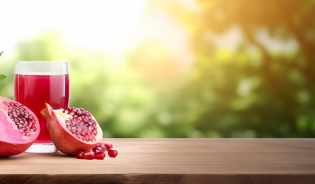 Pomegranate juice with fresh fruits on wooden table with pomegranate plant background. Generative AIの素材