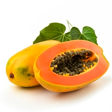 ripe slice papaya with leaf isolated on white background. Generative AIの素材