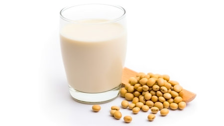 Soy milk in glass isolated on white background. Generative AIの素材