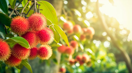 rambutan fruit on tree Thai fruit that tastes sweet and delicious when ripe, red. Generative AIの素材