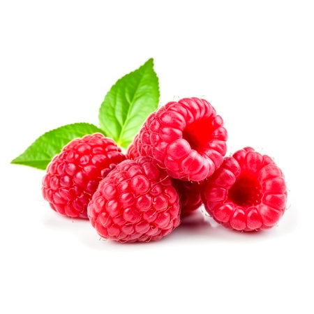 Isolated berries. Bunch of raspberry fruits with leaves isolated on white background. Generative AIの素材