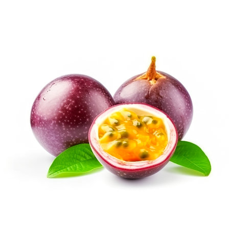 Passion fruit isolated. Whole passionfruit and a half of maracuya isolated on white background. Generative AIの素材