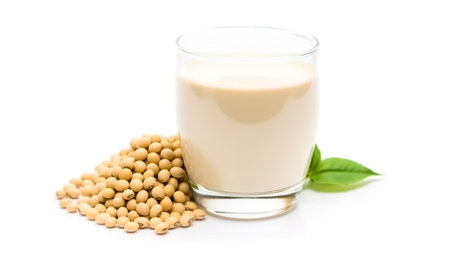 Soy milk in glass isolated on white background. Generative AIの素材