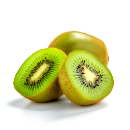 Ripe whole kiwi fruit and half kiwi fruit isolated on white background. Generative AIの素材