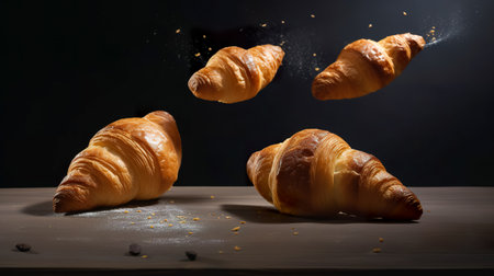 Flying croissants on a black background, flying in the airの素材
