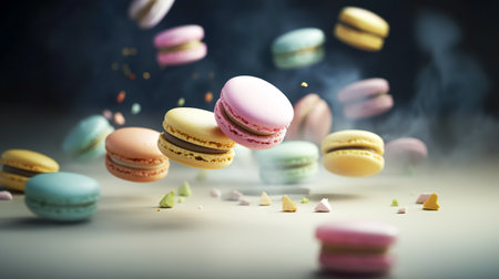Colorful macaroons falling in the air. 3d renderingの素材