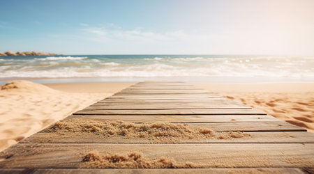 Empty wooden planks with blur beach on background, can be used for product placement. Generative AIの素材