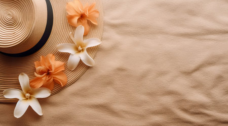 Straw hat and Flowers on sand beach. Summer Holidays concept. Generative AIの素材