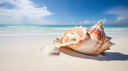 Landscape with shells on tropical beach. Generative AIの素材