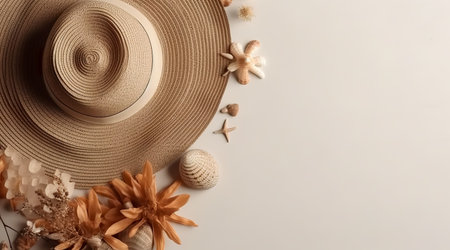 Straw hat and Flowers on sand beach. Summer Holidays concept. Generative AIの素材