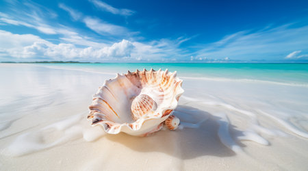 Landscape with shells on tropical beach. Generative AIの素材