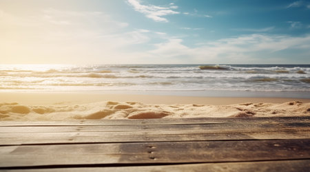 Empty wooden planks with blur beach on background, can be used for product placement. Generative AIの素材