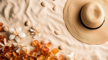Straw hat and Flowers on sand beach. Summer Holidays concept. Generative AIの素材