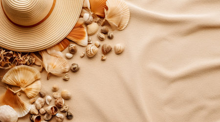 Straw hat and Flowers on sand beach. Summer Holidays concept. Generative AIの素材
