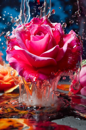 One rose with water splash and drops. Generative AIの素材