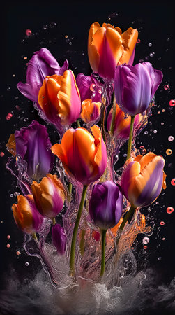 Colorful tulips with water splash and drops. Generative AIの素材