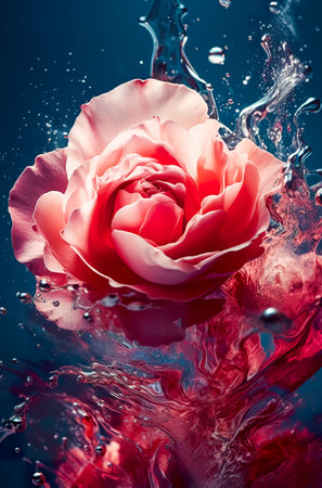 One rose with water splash and drops. Generative AIの素材