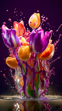 Colorful tulips with water splash and drops. Generative AIの素材