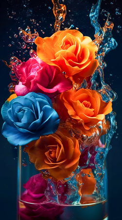 Colorful roses with water splash and drops. Generative AIの素材