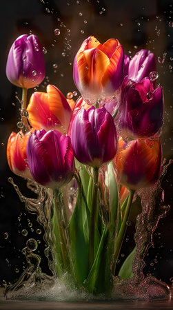 Colorful tulips with water splash and drops. Generative AIの素材