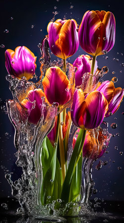 Colorful tulips with water splash and drops. Generative AIの素材