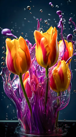 Colorful tulips with water splash and drops. Generative AIの素材