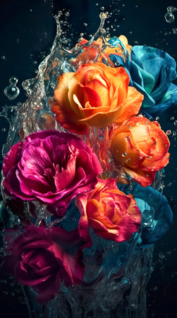 Colorful roses with water splash and drops. Generative AIの素材