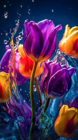 Colorful tulips with water splash and drops. Generative AIの素材
