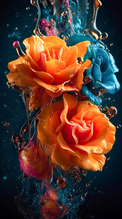 Colorful roses with water splash and drops. Generative AIの素材