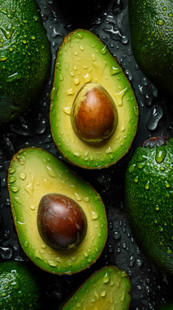 Closeup photo of fresh avocados. vegetables on background. Background for healthy food and GMO free products.Diet nutrition and fresh vegetables. Vegan and vegetarian. Generative AIの素材