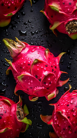 Closeup photo of fresh dragon fruits. vegetables on background. Background for healthy food and GMO free products.Diet nutrition and fresh vegetables. Vegan and vegetarian. Generative AIの素材