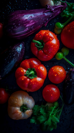Closeup photo of fresh vegetables on background. Background for healthy food and GMO free products.Diet nutrition and fresh vegetables. Vegan and vegetarian. Generative AIの素材