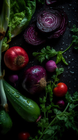 Closeup photo of fresh vegetables on background. Background for healthy food and GMO free products.Diet nutrition and fresh vegetables. Vegan and vegetarian. Generative AIの素材
