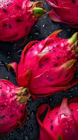 Closeup photo of fresh dragon fruits. vegetables on background. Background for healthy food and GMO free products.Diet nutrition and fresh vegetables. Vegan and vegetarian. Generative AIの素材