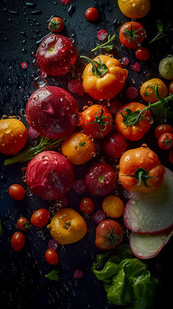 Closeup photo of fresh vegetables on background. Background for healthy food and GMO free products.Diet nutrition and fresh vegetables. Vegan and vegetarian. Generative AIの素材