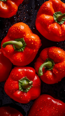Closeup photo of fresh bell peppers. vegetables on background. Background for healthy food and GMO free products.Diet nutrition and fresh vegetables. Vegan and vegetarian. Generative AIの素材