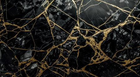 black marble background with yellow veins. Generative AIの素材