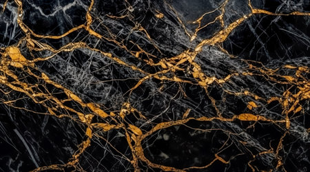 black marble background with yellow veins. Generative AIの素材