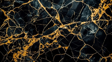 black marble background with yellow veins. Generative AIの素材