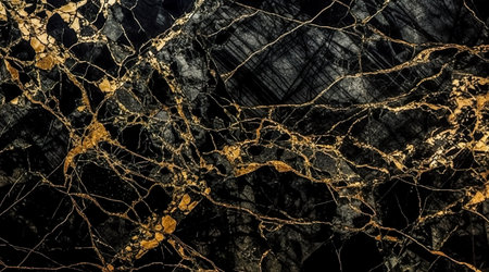 black marble background with yellow veins. Generative AIの素材