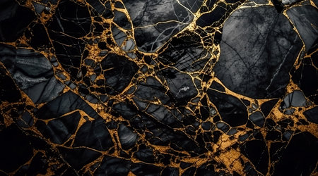 black marble background with yellow veins. Generative AIの素材