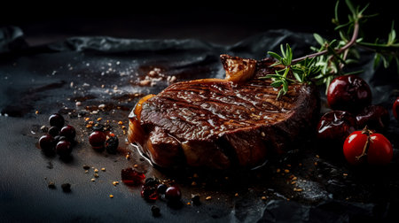 grilled beef steaks with spices on dark background. Generative AIの素材