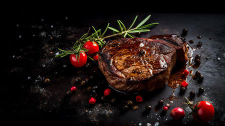 grilled beef steaks with spices on dark background. Generative AIの素材