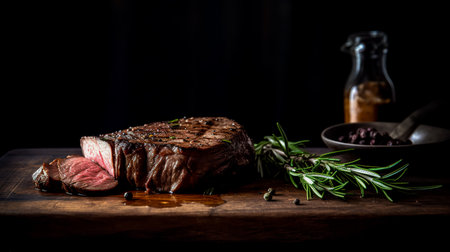grilled beef steaks with spices on dark background. Generative AIの素材