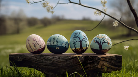 Painted colorful easter eggs on brown wood. Generative AIの素材