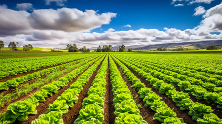 Landscape view of a freshly growing cabbage field. Generative AIの素材